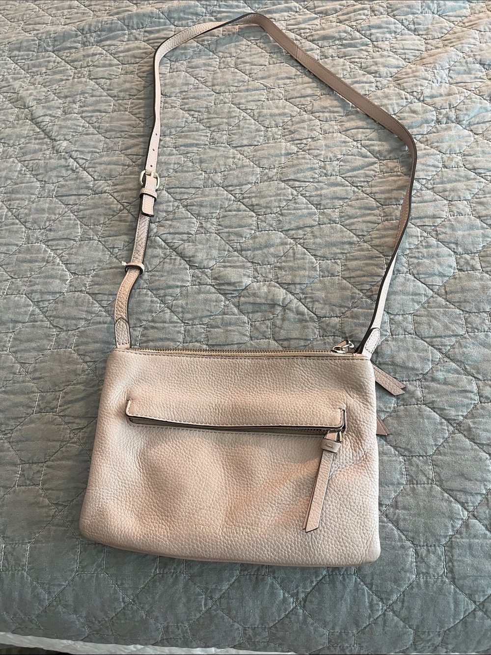 Light Beige Pebbled Leather Crossbody Bag with Front Zip Pocket